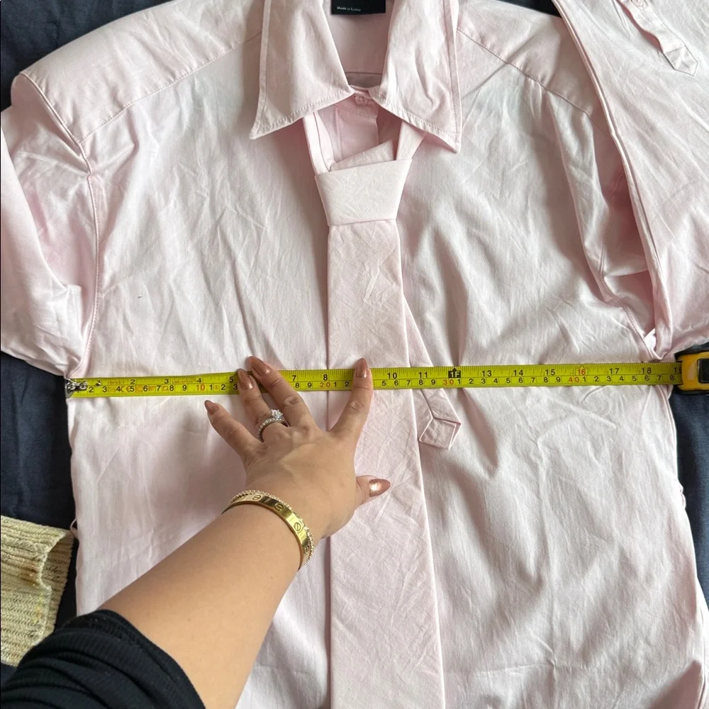 ASOS baby pink cinch waist shirt with shoulder pads and tie - Picture 7 of 7